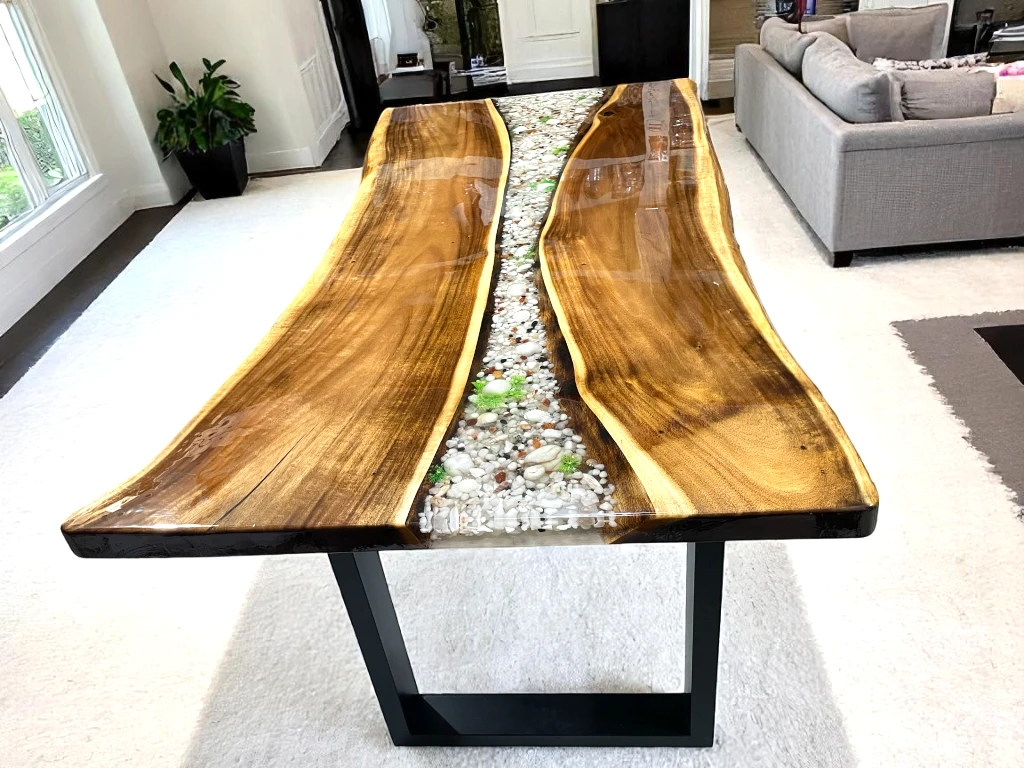 Live Edge Walnut Desk – Clear Epoxy Resin Pebbles Design
